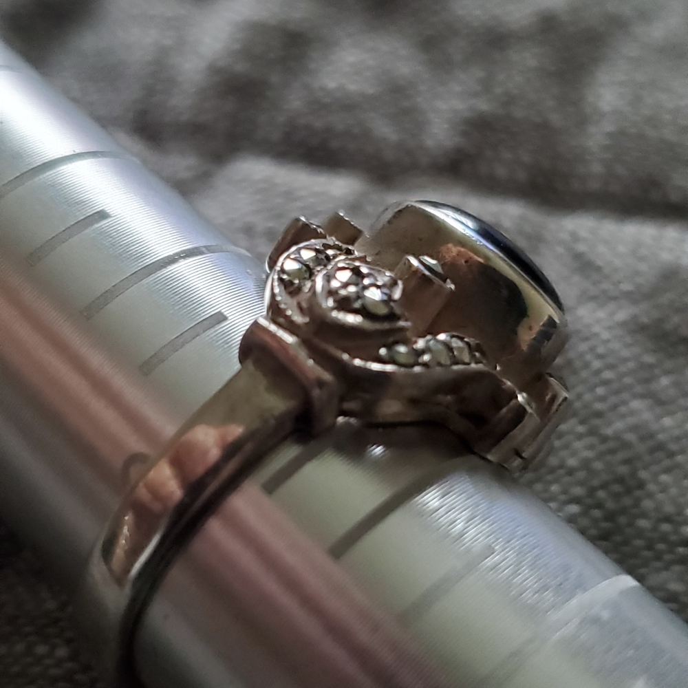 Sterling Silver  Marcasite Onyx Ring - Picture 2 of 4